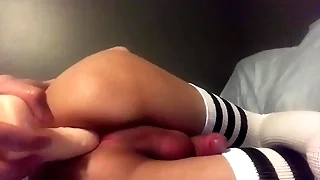 Chicken femboy slut plays with dildo